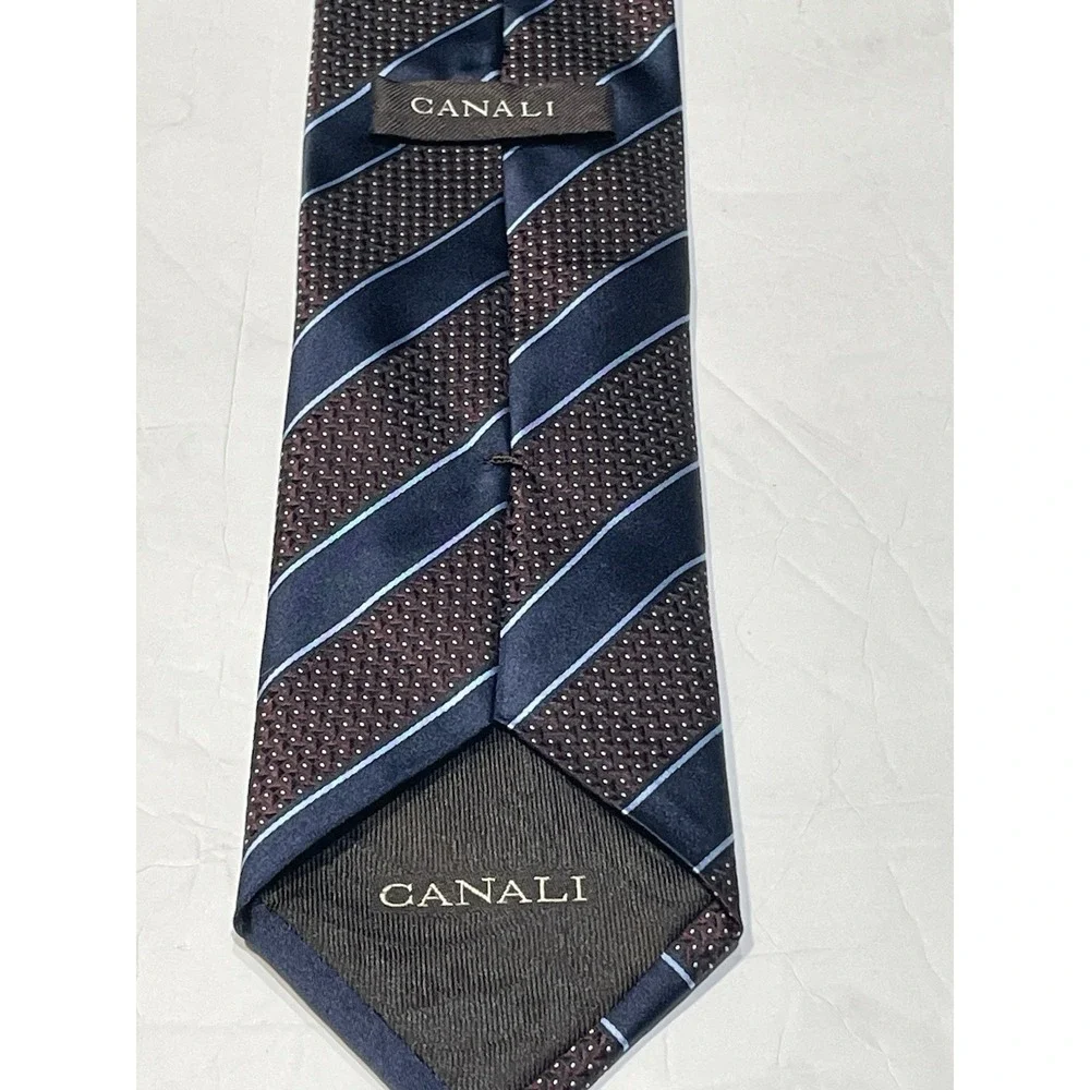 CANALI Italy Mens Silk Necktie Navy Blue Burgundy Stripe Micro Pattern 3.5